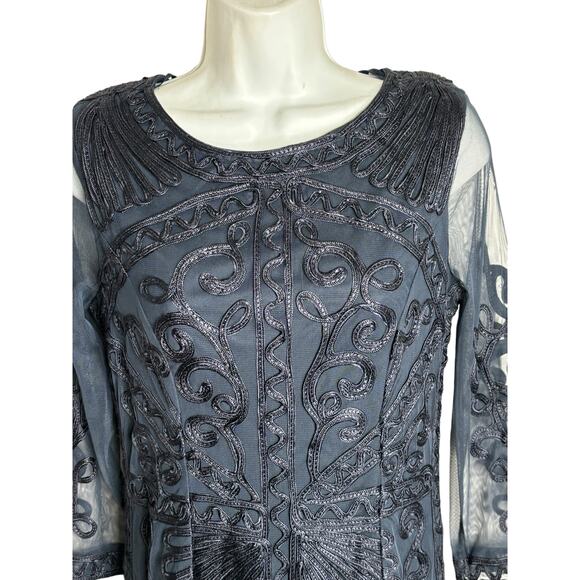 JS Collections NWT Women's Embroidered Midi Sheath Dress Size 2 Navy 3/4 Sleeves - Picture 3 of 10